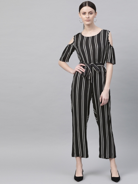 

ATRAENTA Women Black & White Cold-Shoulder Striped Basic Jumpsuit