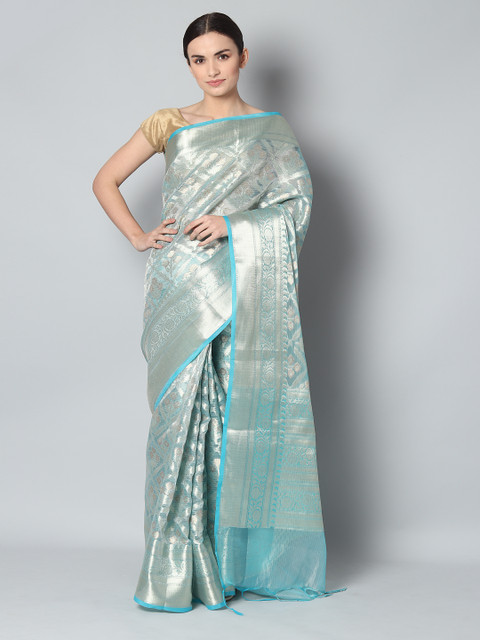

EthnicRoom Blue & Silver-Toned Silk Cotton Woven Design Banarasi Saree