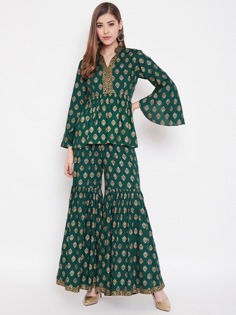 

MABISH by Sonal Jain Women Green & Golden Printed Top with Sharara