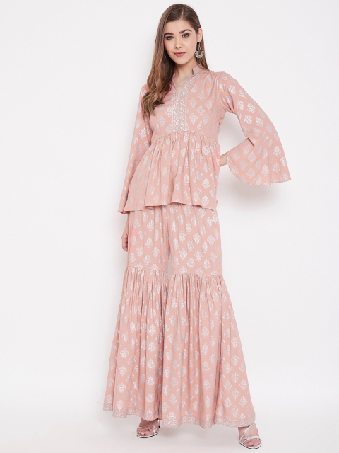 

MABISH by Sonal Jain Women Peach-Coloured & Silver Printed Top with Sharara
