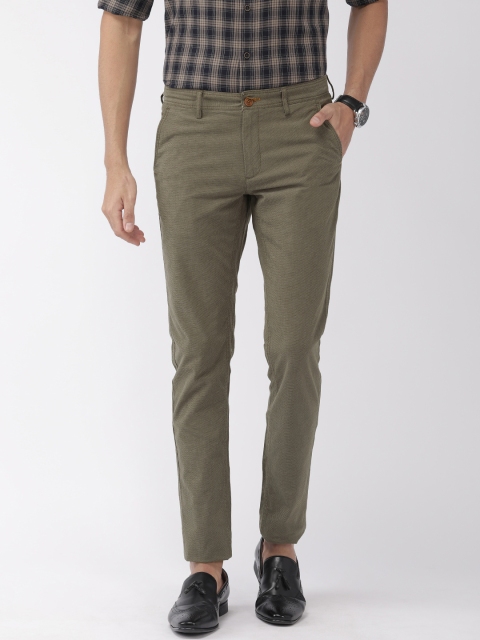 

Indian Terrain Men Olive Green Brooklyn Slim Fit Self Design Smart Casual Regular Trousers