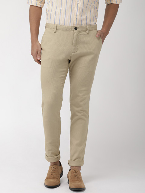 

Indian Terrain Men Beige Urban Comfort Fit Self Design Regular Trousers