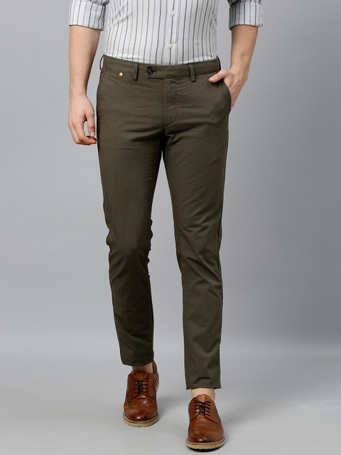 

Indian Terrain Men Olive Green & Black Brooklyn Fit Striped Regular Trousers
