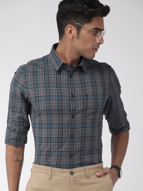 

Indian Terrain Men Grey & Teal Blue Chiseled Slim Fit Checked Smart Casual Shirt