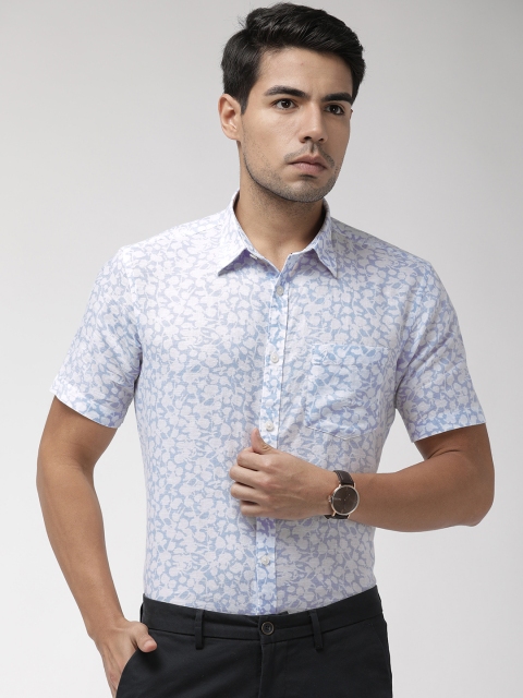 

Indian Terrain Men White & Blue Slim Fit Printed Linen Smart Casual Shirt