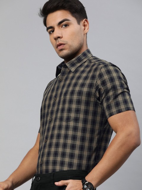 

Indian Terrain Men Beige & Navy Blue Slim Fit Checked Smart Casual Shirt