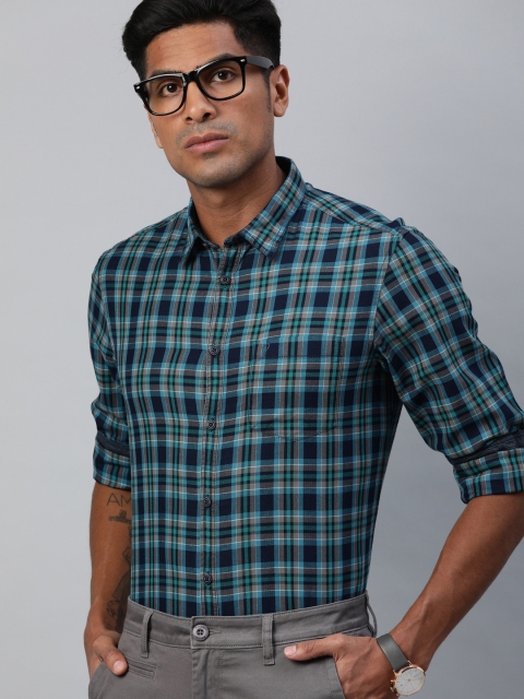 

Indian Terrain Men Teal Green & Navy Blue Slim Fit Checked Smart Casual Shirt