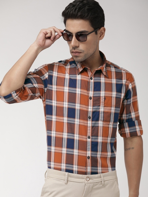 

Indian Terrain Men Rust Orange & Blue Slim Fit Checked Smart Casual Shirt