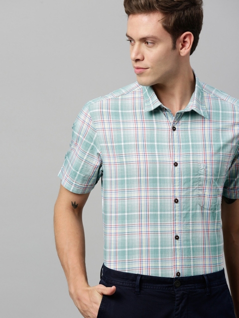 

Indian Terrain Men Green & White Slim Fit Checked Smart Casual Shirt