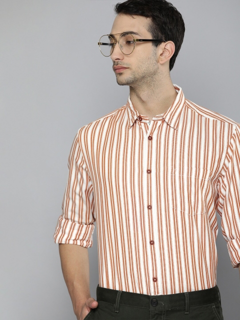 

Indian Terrain Men Rust Orange & White Slim Fit Striped Pure Cotton Casual Shirt