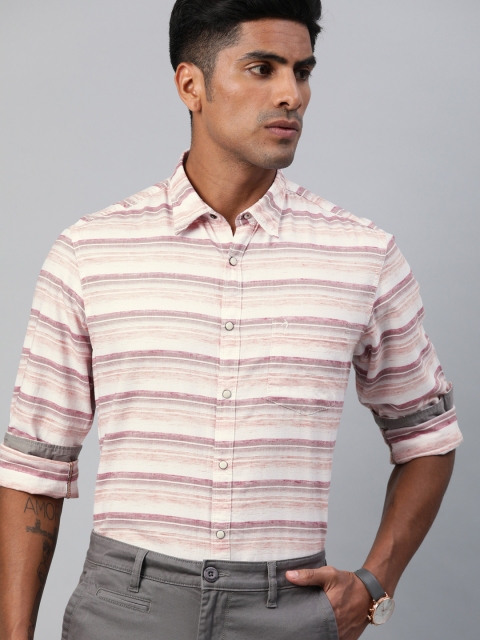 

Indian Terrain Men White & Brown Slim Fit Striped Smart Casual Shirt