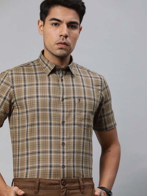 

Indian Terrain Men Beige & Navy Blue Slim Fit Checked Smart Casual Shirt