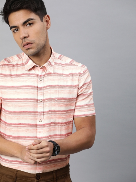 

Indian Terrain Men Rust Orange & Off-White Slim Fit Striped Casual Shirt