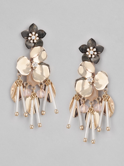 

Accessorize Gold-Toned & Black Stone-Studded & Sea-Shell Floral Drop Earrings