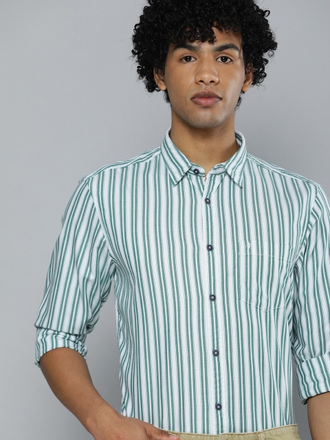 

Indian Terrain Men Teal Green & White Chiseled Fit Striped Pure Cotton Smart Casual Shirt