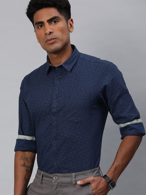 

Indian Terrain Men Navy Blue & Grey Slim Fit Printed Smart Casual Shirt