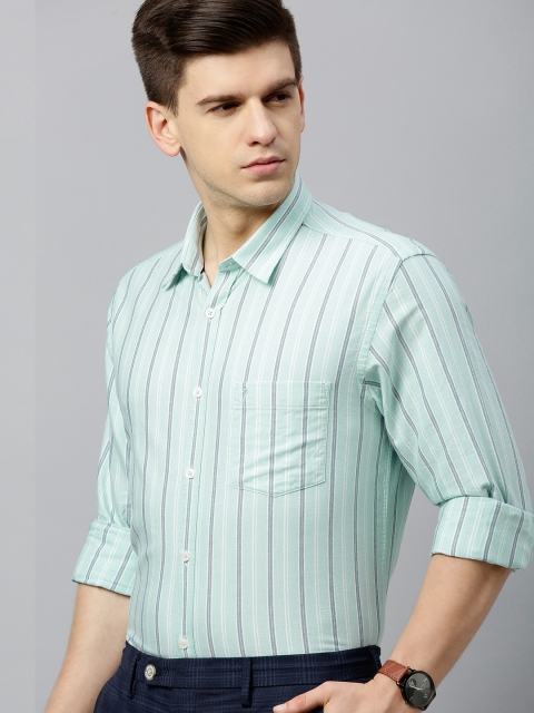 

Indian Terrain Men Sea Green & White Slim Fit Striped Smart Casual Shirt