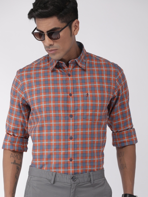 

Indian Terrain Men Rust Brown & Blue Slim Fit Checked Smart Casual Shirt