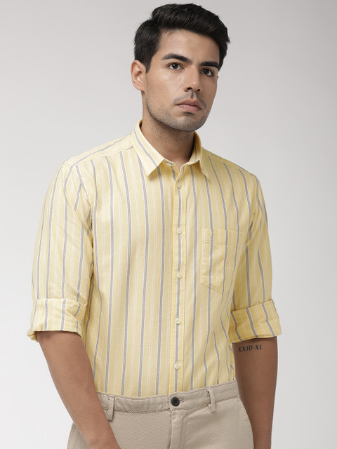 

Indian Terrain Men Yellow & Blue Slim Fit Striped Smart Casual Shirt