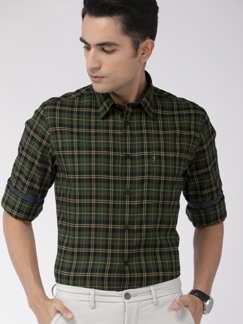 

Indian Terrain Men Olive Green & Black Slim Fit Checked Smart Casual Shirt