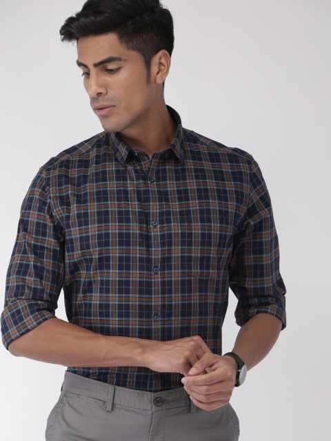 

Indian Terrain Men Navy Blue & Brown Slim Fit Checked Smart Casual Shirt