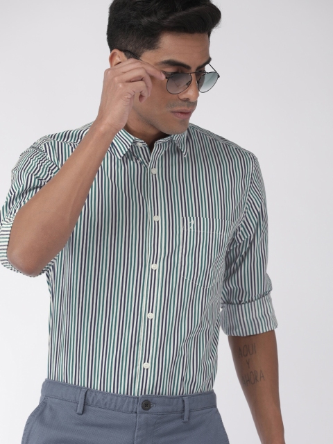 

Indian Terrain Men Green & White Slim Fit Striped Smart Casual Shirt