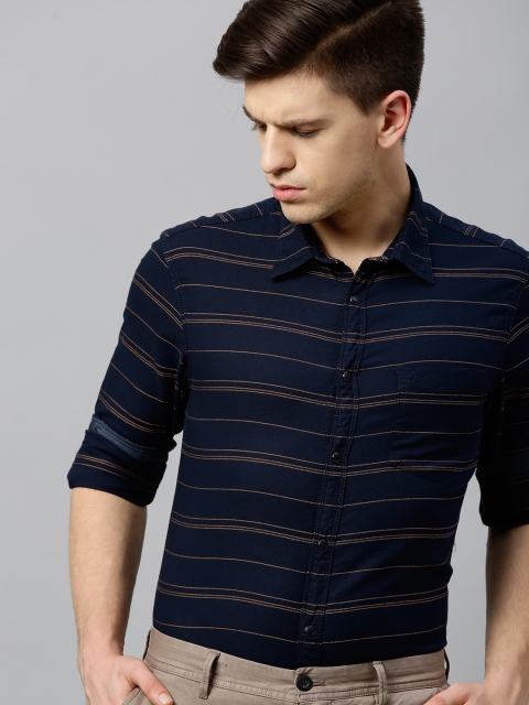 

Indian Terrain Men Navy Blue & Brown Chiseled Slim Fit Striped Smart Casual Shirt