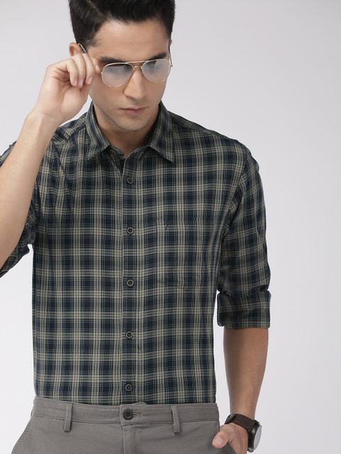 

Indian Terrain Men Beige & Navy Blue Slim Fit Checked Smart Casual Shirt