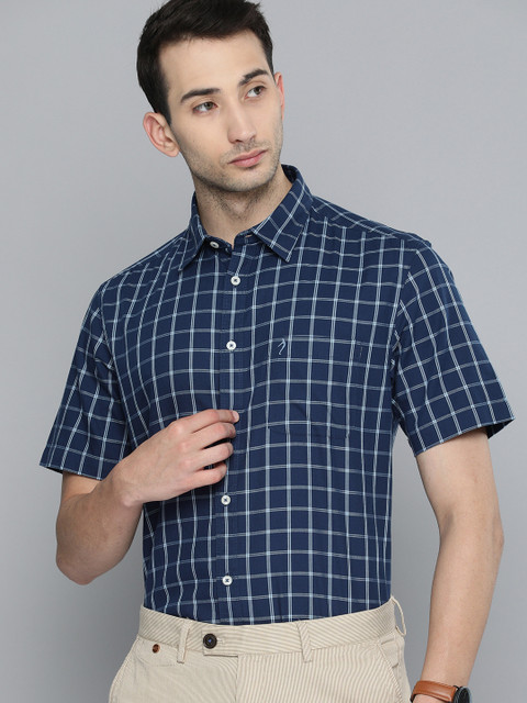 

Indian Terrain Men Navy Blue Windowpane Checks Pure Cotton Casual Shirt