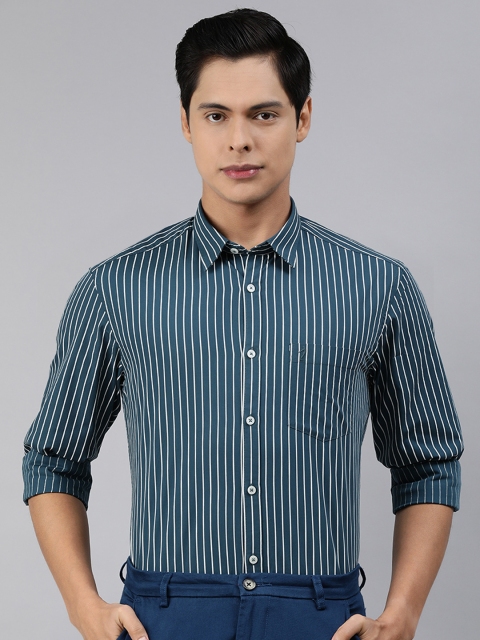 

Indian Terrain Men Teal Blue & White Slim Fit Striped Smart Casual Shirt