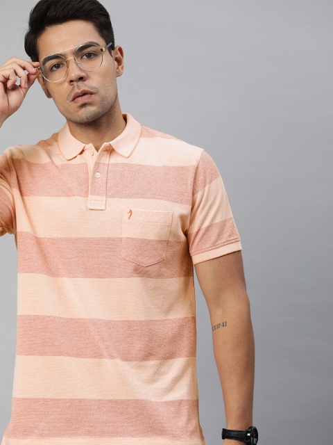 

Indian Terrain Men Peach-Coloured & Mauve Striped Polo Collar T-shirt