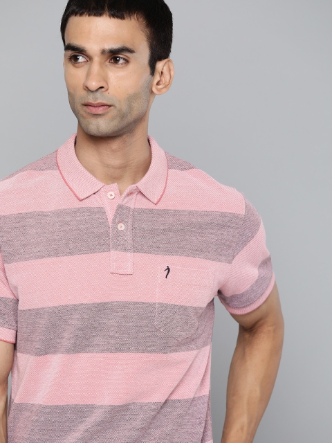 

Indian Terrain Men Pink & Navy Blue Pure Cotton Striped Polo Collar T-shirt