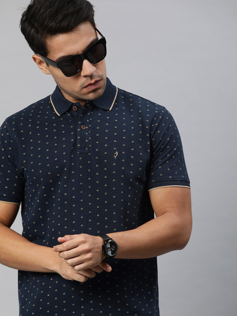 

Indian Terrain Men Navy Blue Khaki Printed Polo Collar Pure Cotton T-shirt