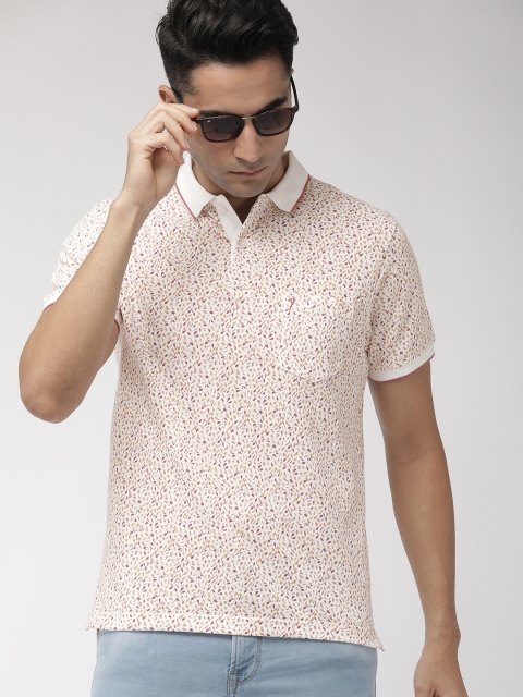

Indian Terrain Men White Pink Regular Fit Printed Polo Collar Pure Cotton T-shirt