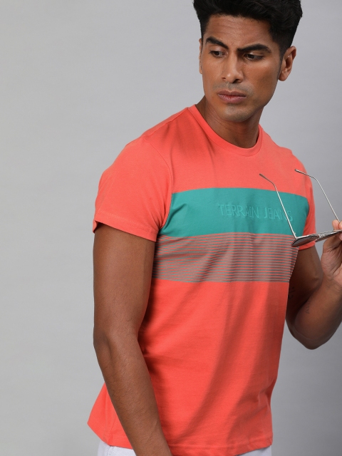 

Indian Terrain Men Orange & Turquoise Blue Striped Round Neck T-shirt