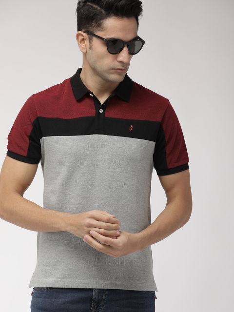 

Indian Terrain Men Grey Melange & Maroon Colourblocked Polo Collar T-shirt
