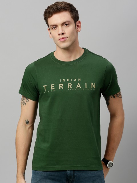 

Indian Terrain Men Olive Green Printed Round Neck Pure Cotton T-shirt
