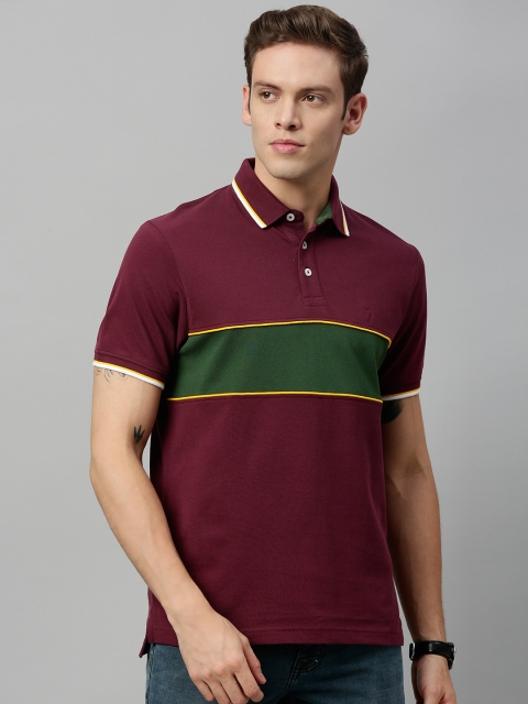 

Indian Terrain Men Burgundy Green Colourblocked Polo Collar Pure Cotton T-shirt