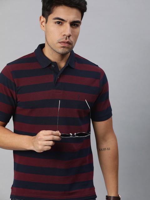 

Indian Terrain Men Burgundy & Navy Blue Striped Polo Collar T-shirt