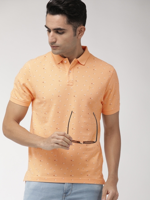 

Indian Terrain Men Peach-Coloured White Regular Fit Printed Polo Collar Pure Cotton T-shirt