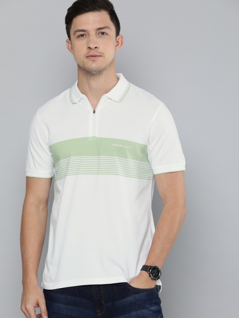 

Indian Terrain Men White Green Striped Polo Collar Pure Cotton T-shirt