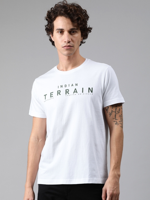 

Indian Terrain Men White Green Printed Round Neck Pure Cotton T-shirt