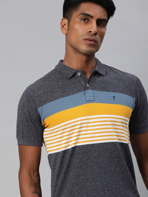 

Indian Terrain Men Navy Blue & Mustard Yellow Striped Polo Collar T-shirt