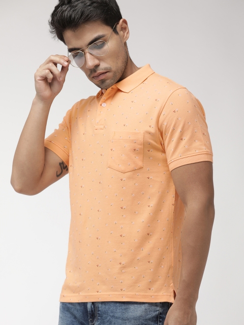 

Indian Terrain Men Peach-Coloured White Regular Fit Printed Polo Collar Pure Cotton T-shirt