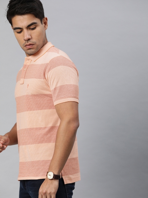 

Indian Terrain Men Peach-Coloured Brown Colourblocked Polo Collar Pure Cotton T-shirt