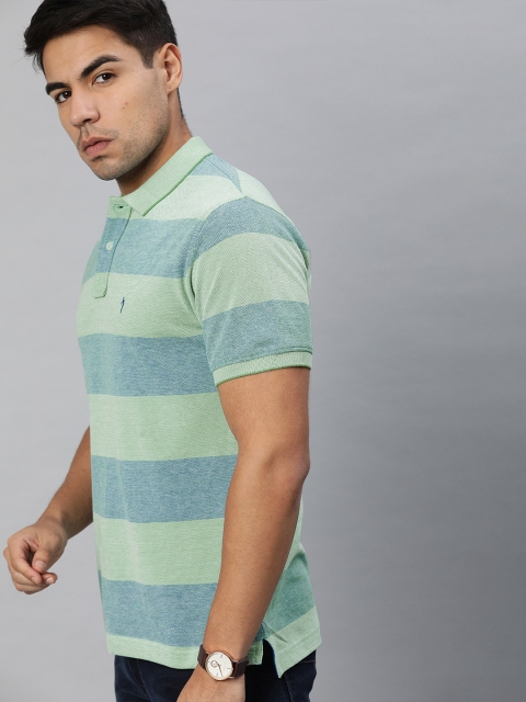 

Indian Terrain Men Green Blue Striped Polo Collar Pure Cotton T-shirt