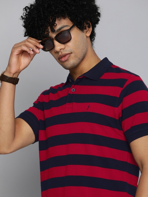 

Indian Terrain Men Red Navy Blue Striped Pure Cotton Polo Collar Pure Cotton T-shirt