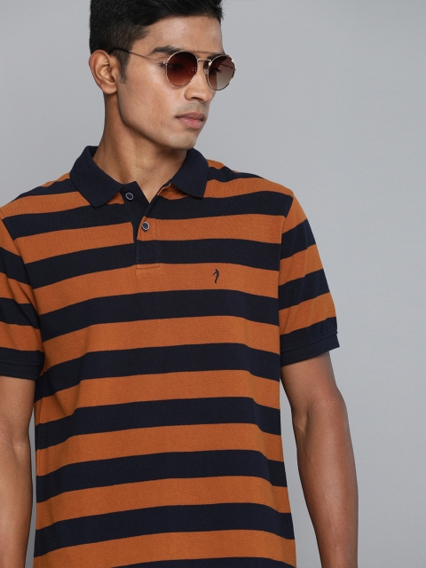 

Indian Terrain Men Rust Orange Navy Blue Striped Polo Collar Pure Cotton T-shirt