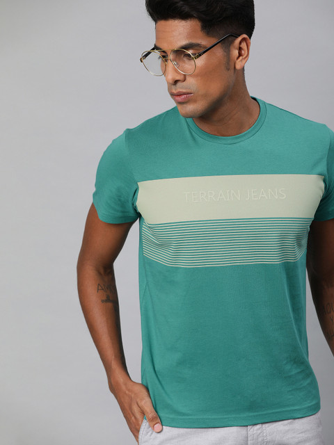 

Indian Terrain Men Teal Green Printed Striped Round Neck Pure Cotton T-shirt