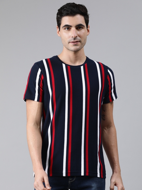 

Indian Terrain Men Navy Blue & White Striped Round Neck T-shirt
